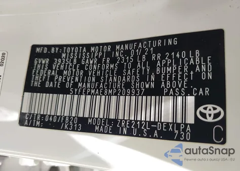 2021 Toyota Corolla Le z USA, uszkodzony, nr VIN 5YFEPMAE8MP209937